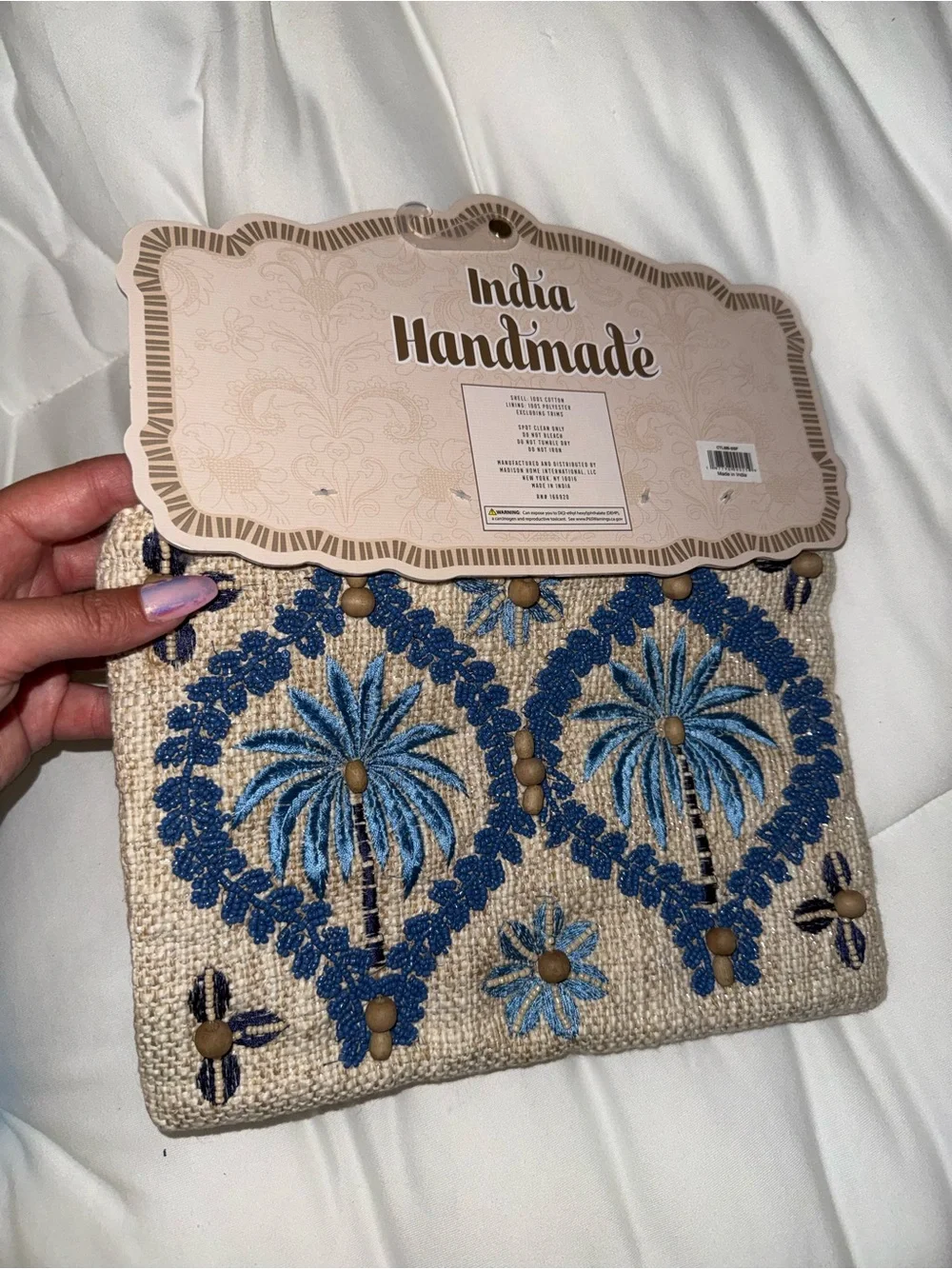 Blue Palm Tree Beaded Zipper Pouch Handmade in India New with Tags